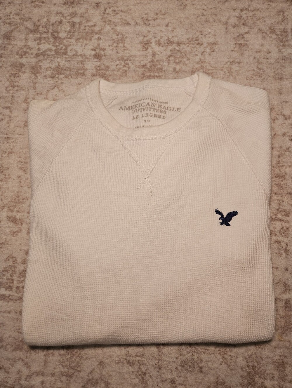 American Eagle Outfitters Men's Cream Waffle Crewneck Sweater with Navy Logo